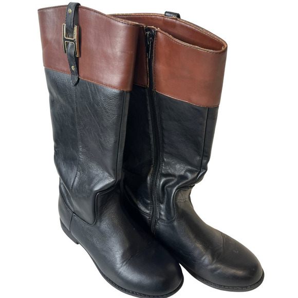 Tommy Hilfiger Vegan Andreah Charm Black & Brown Riding Boots Size 5 - Picture 1 of 5